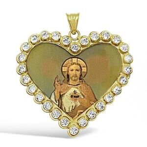 14k Yellow Gold Jesus Sacred Heart Pendant Charm 1.2 inch